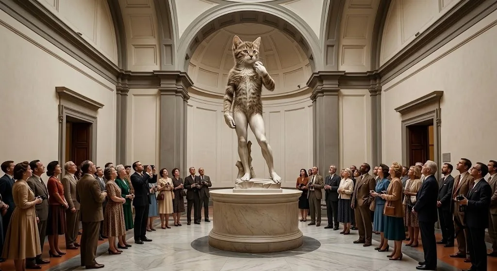 Cate as Michelangelo's David in a marble gallery